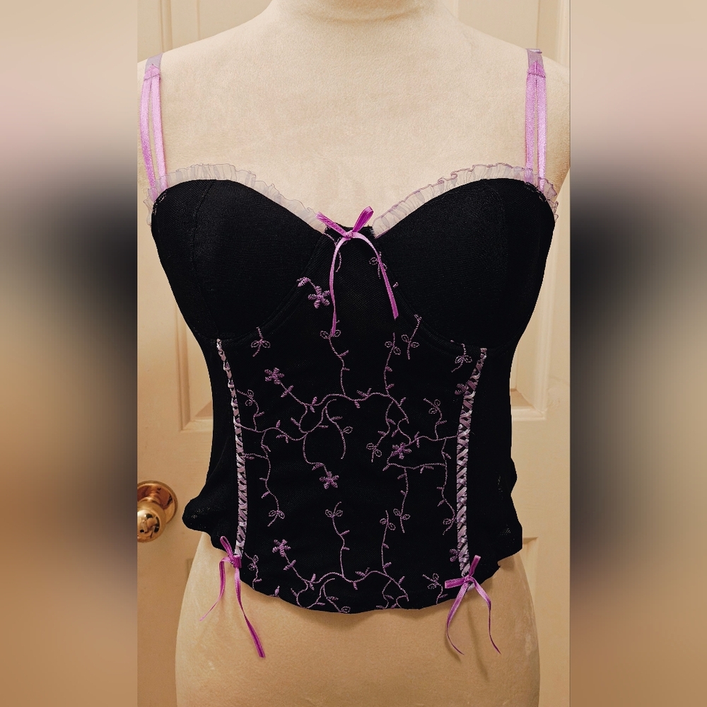 Y2K Native Intimates Corset Top w Floral Embroidery, Ruffles, Bow Details